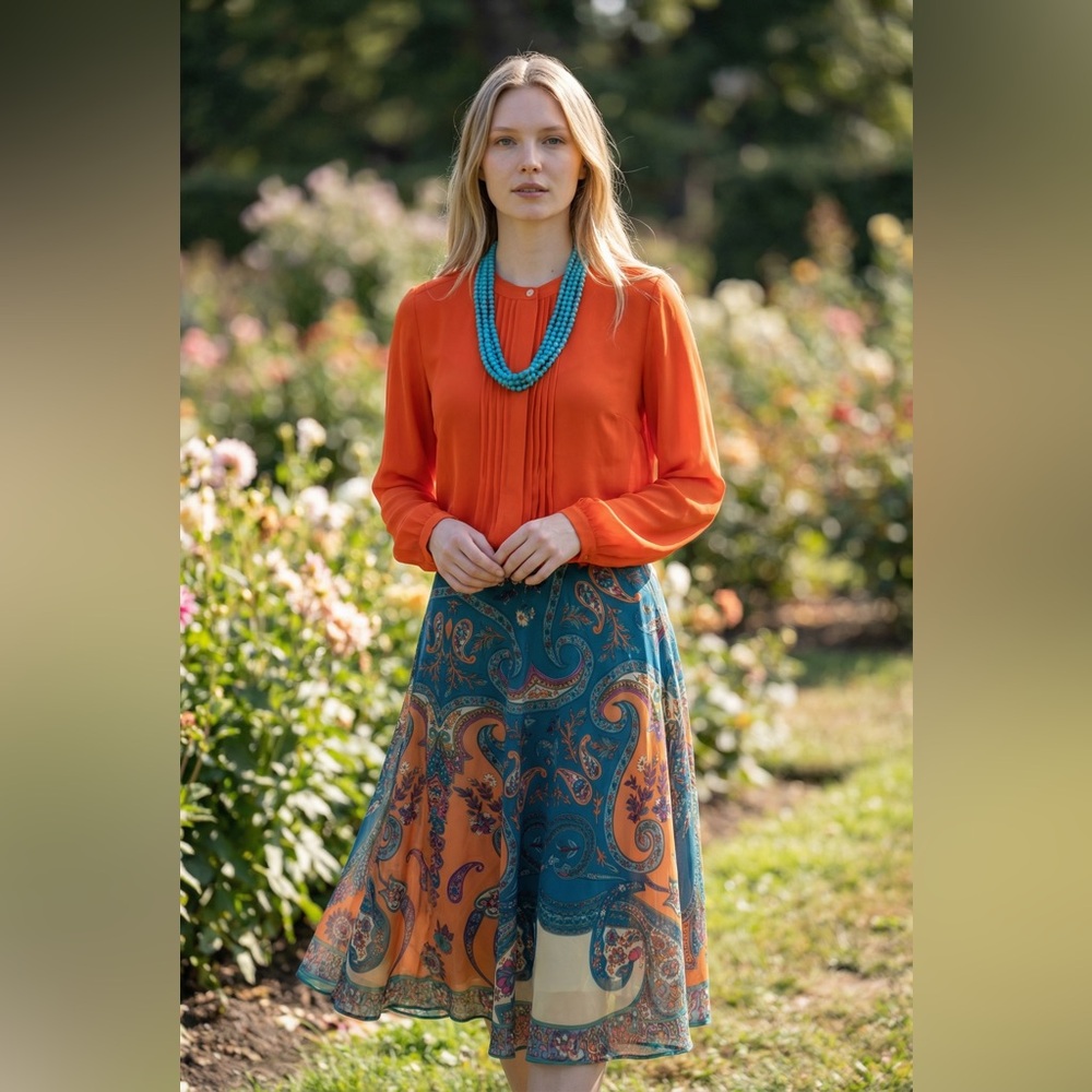 Banana Republic Blouse Orange Pleated Front Long Sleeve Size XS